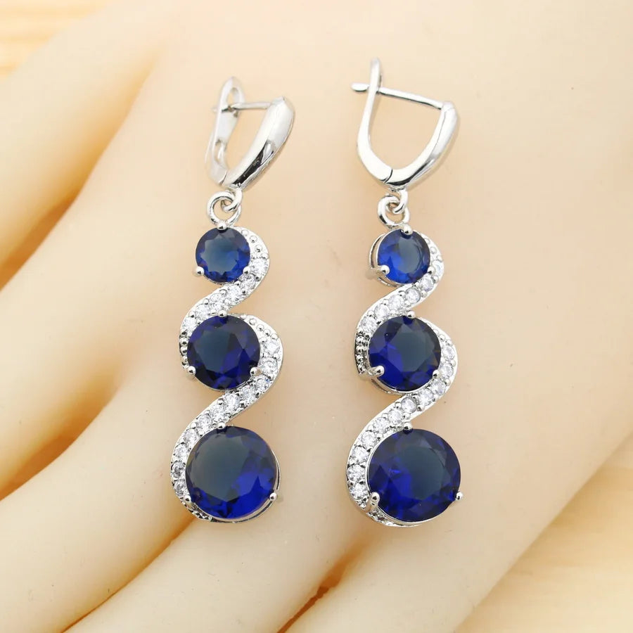 Classic Blue Zirconia 925 Silver Jewelry Sets for Women Earrings Necklace Pendant Ring Bracelet Wedding Gift