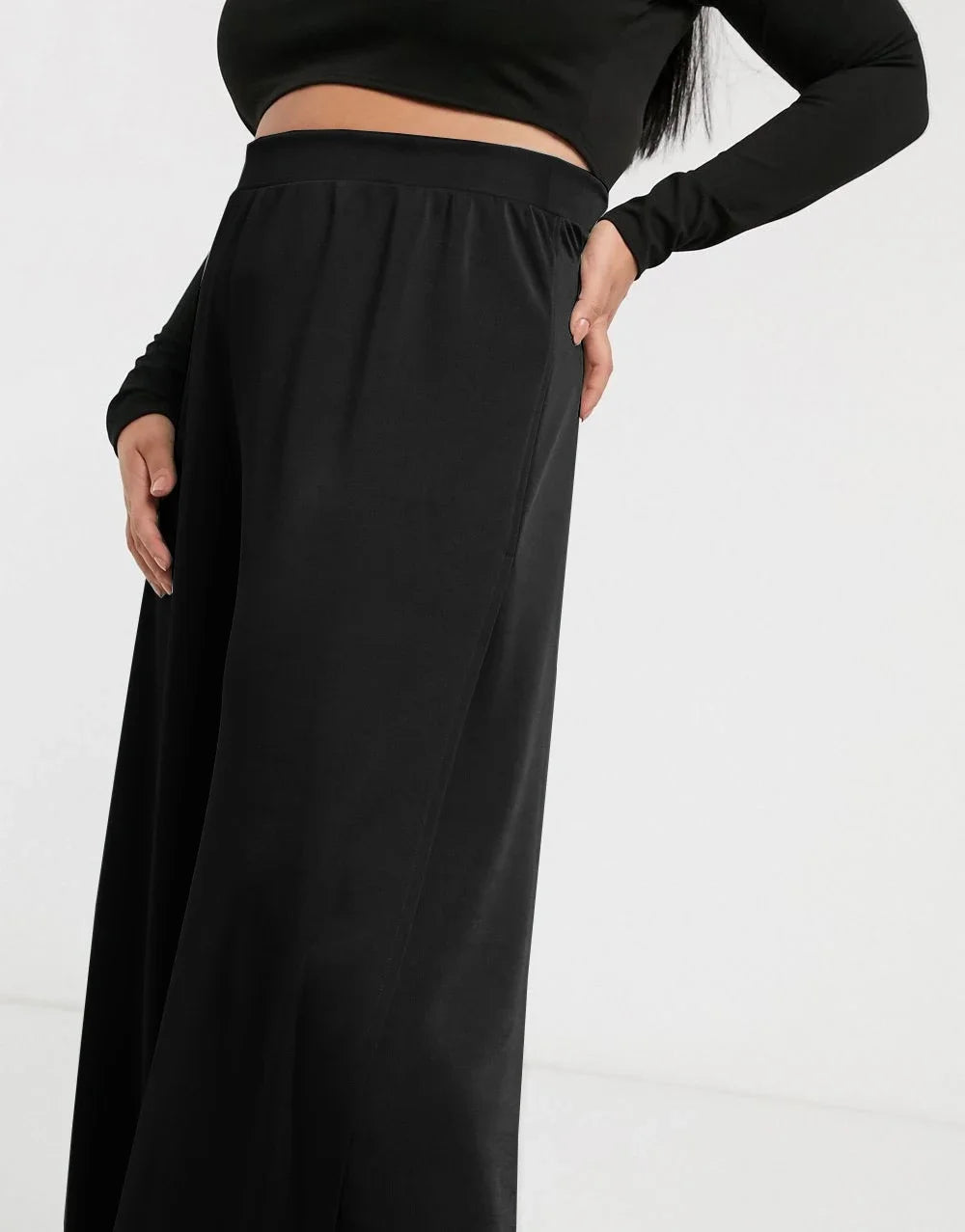 Womens Split Front Plus Size Wide Leg Pants High Elastic Waist Solid Black Modal Loose Summer Spring Elegant  Casual Pants 6XL - Shop & Buy