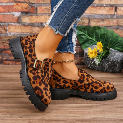 Fashion Leopard Loafers for Women Spring Summer Casual Slip On Flats Shoes Woman Metal Buckle Non Slip Walking Shoes Ladies