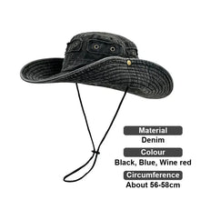 Load image into Gallery viewer, Cowboy Bucket Hat with String Men Denim Beach Sun Hat for Women Outdoor Hiking Fisherman Hat
