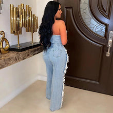 Load image into Gallery viewer, Vintage Hole Tassel Denim Jumpsuit Women New Fashion Sexy Off The Shoulder V Neck Rivet Club Party Romper Y2K One Pieces