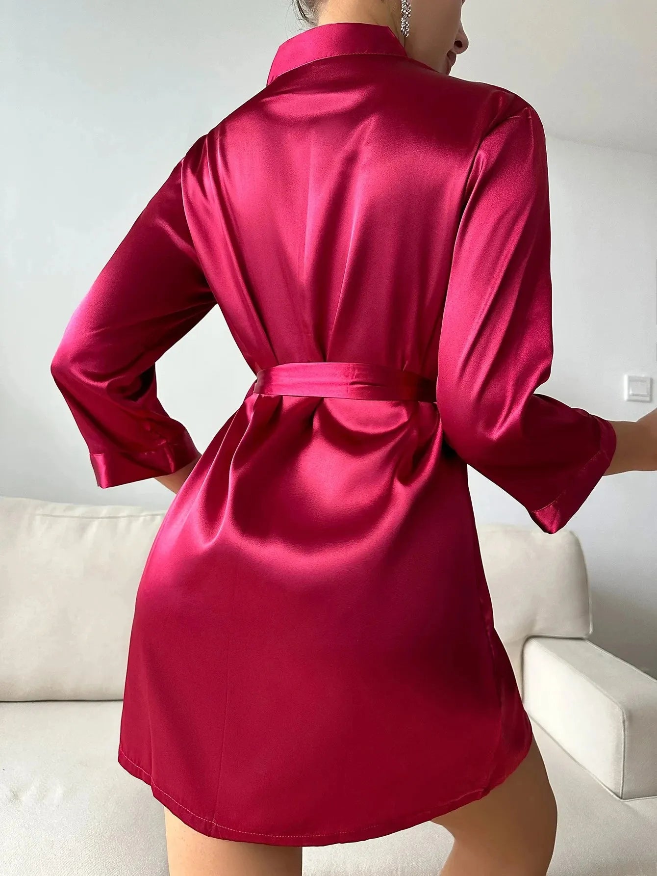 Womens V-Neck Sexy Silk Robe With Belt Short Satin Kimono Robe Sleepwear - Shop & Buy