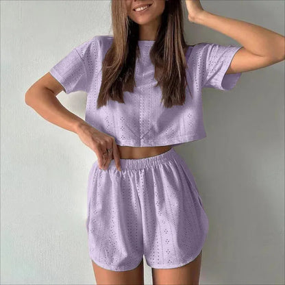 Women's Pajamas Set Spring Long Sleeve Tops With Shorts Sleepwear 2 Piece Set Loose Round Neck Home Wear - Shop & Buy