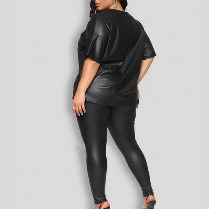 Plus Size Women Black Matte Leather Top Trousers Sets Casual Loose Mid Sleeve Top Stretch PU Pants Suits