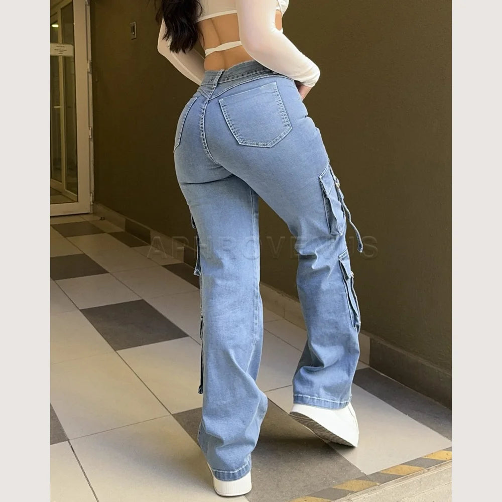 Women Straight Jeans Mid Waist Pocket Design Denim Pants Y2K Trousers Casual Pants