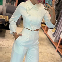 Load image into Gallery viewer, Women Casual Long Sleeve Lapel Irregular Button Design High Waist Top Loose Straight With Pockets Pants Sets
