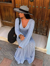 Load image into Gallery viewer, Elegant Blue 3d Flower Hollow Out Knitted Long Dress Women V Neck Flare Sleeves Slim Maxi Dresses
