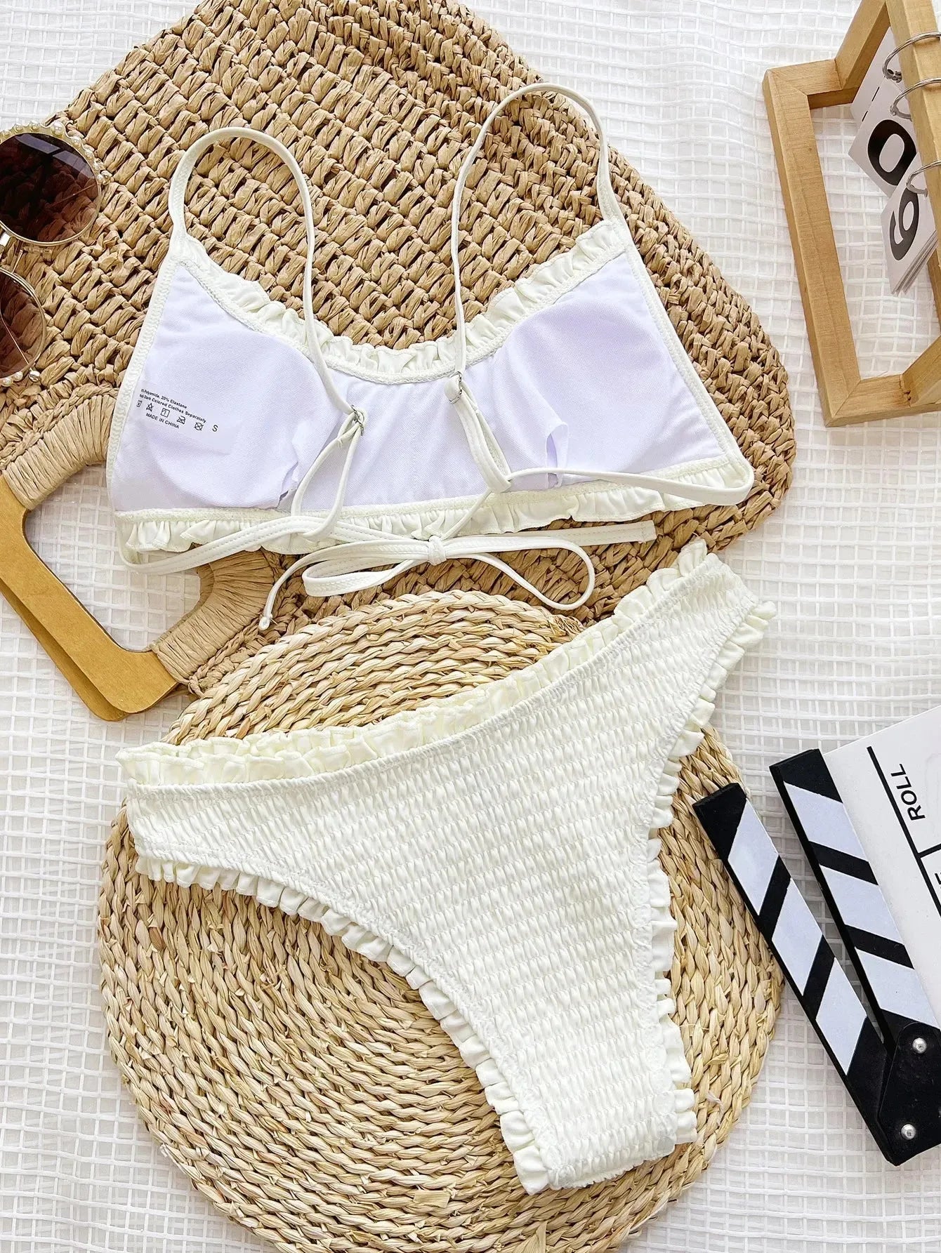 Women's Solid White Ruffle Bikini Set Suspender Backless Two-piece Swimsuit - Shop & Buy