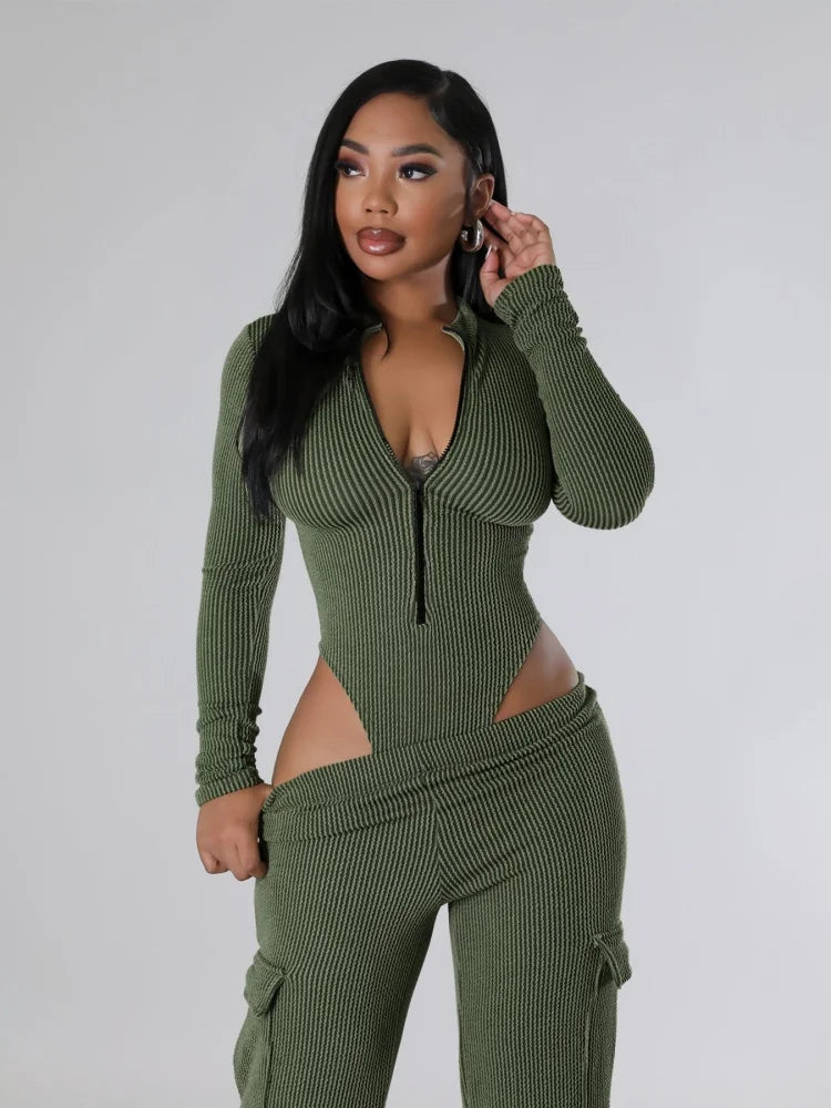 Women Two-piece Elastic Twisted Strip High Waisted Long Sleeved Jumpsuit Work Pants Set