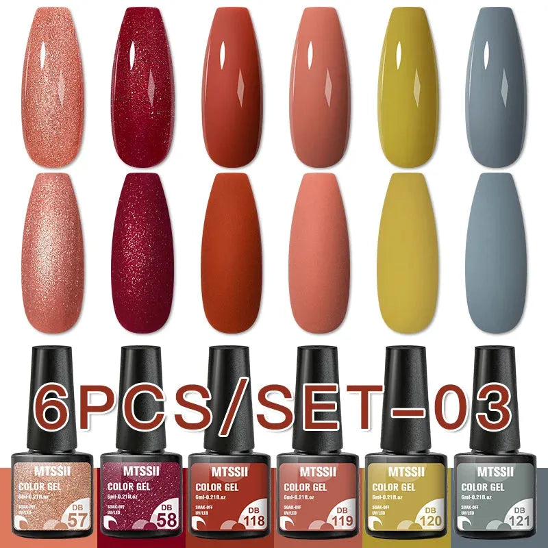 6PCS/Set Red Gel Nail Polish Set Glitter Sequins Semi Permanent Base Matte Top Coat Soak Off LED UV Nail Art Gel Varnish - Shop & Buy