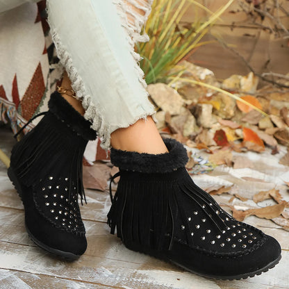 Womens Tassels Decor Ankle Boots Winter Comfortable Warm Plush Snow Boots Women Flat Heels Rivet Western Cowboy Boots