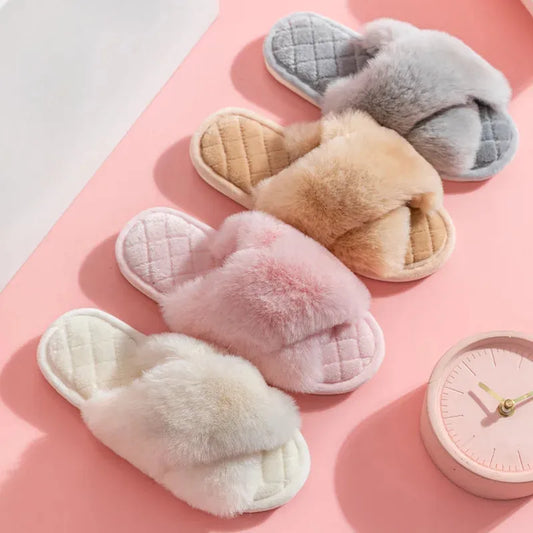 Women's Cross Band White Fur Slippers Winter Warm Plush Soft House Slippers for Women - Shop & Buy