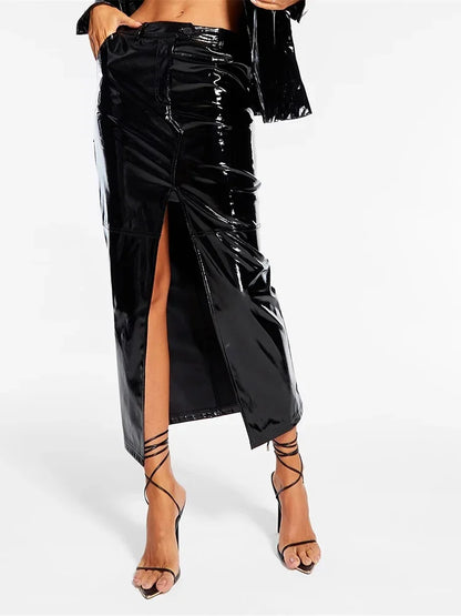 Gothic Shiny Patent Leather Midi Skirt Women Punk Splicing Faux Latex High Split Maxi Skirt Party Ladies PVC Clubwear