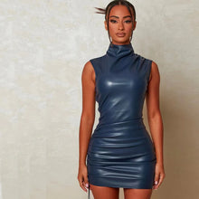 Load image into Gallery viewer, Women Hipster Drawstring Sleeveless Solid Faux PU Leather Mini Dress Turtleneck Body-shaping
