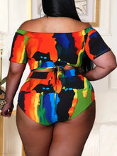 Load image into Gallery viewer, Plus Size Casual Swimsuit Set Women&#39;s Plus Colorful Painting Print Off Shoulder Criss Cross Top &amp; Panty Swimsuit Two Piece
