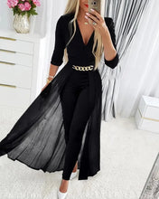 Load image into Gallery viewer, Deep V Neck Mesh Long Sleeve Jumpsuit One Piece Overall Women Black Elegant
