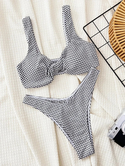 Women's Black White Checker Print Bikini Set V-neck Suspender Backless 2-piece Swimsuit - Shop & Buy