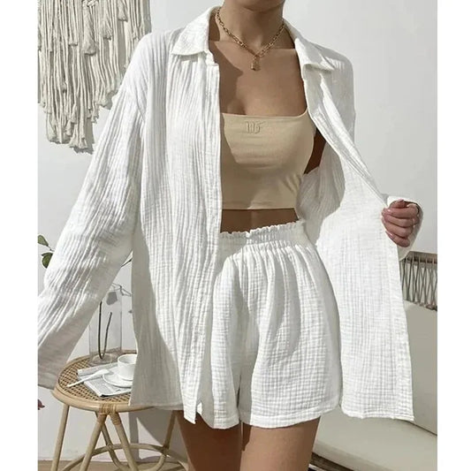 100% Cotton Gauze Muslin Sets For Women 2 Pieces Long Sleeve Shirts And Loose High Waist Mini Shorts Sets