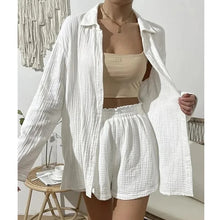 Load image into Gallery viewer, 100% Cotton Gauze Muslin Sets For Women 2 Pieces Long Sleeve Shirts And Loose High Waist Mini Shorts Sets
