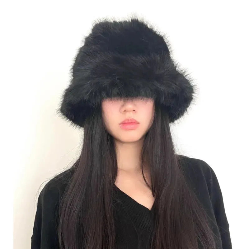 y2k Fluffy Faux Fur Bucket Hat Women Rabbit Fur Warm Thick Plush Winter Hat Lady Luxury Fashion - Shop & Buy