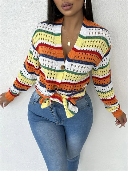 Autumn New Hollowed Out Contrasting Striped Long Sleeved Cardigan Loose Casual Knitted Jacket