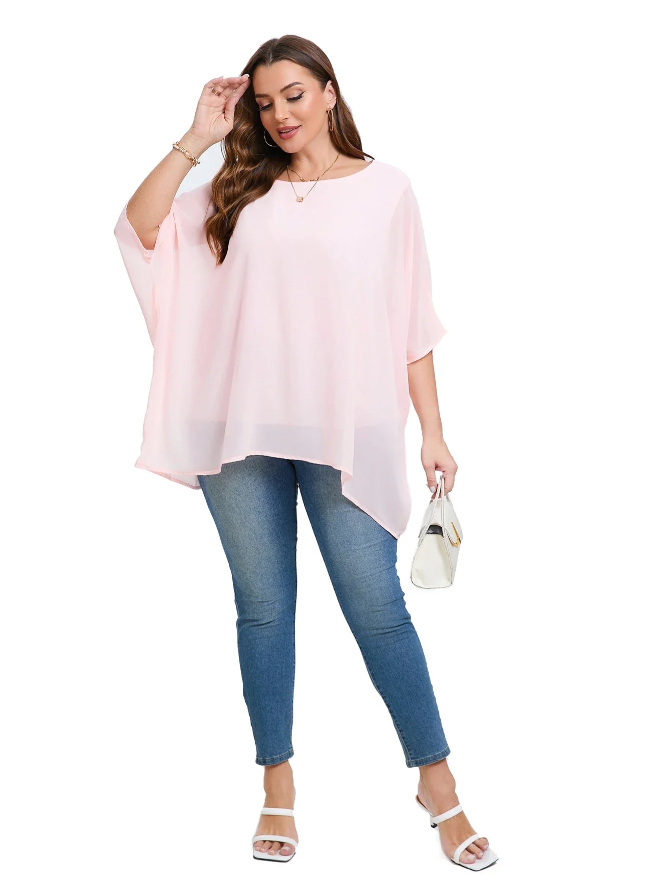 Womens Plus Size Elegant Summer Blouse Batwing Sleeve Oversized Chiffon Blouse Scoop Neck Large Size Casual Tunic Top Shirt 6XL - Shop & Buy