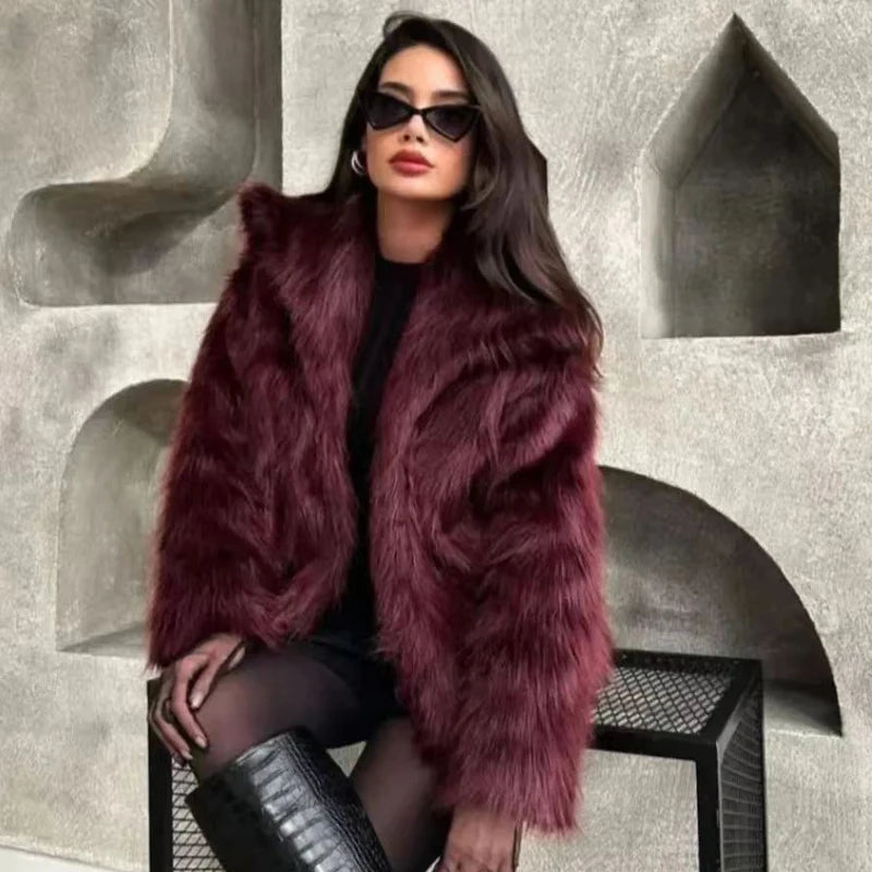 Women's Fur Coat Women Plush Burgundy Bomber Jacket Solid Crop Long Sleeve Jacket Warm Winter Coats