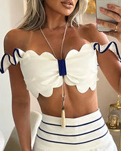 Load image into Gallery viewer, Summer Women Sets Elegant Scallop Trim Off Shoulder Top and Striped Wide Leg Pants Set Office Lady Clothing
