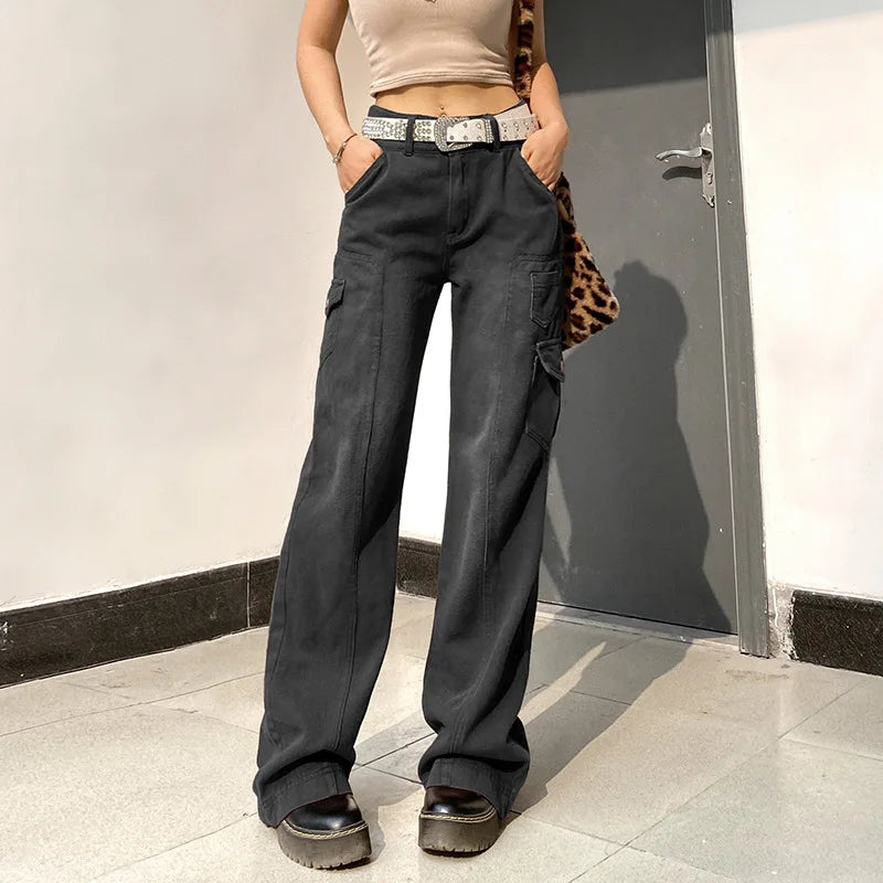 New Street High Waist Straight Leg Casual Jeans with Irregular Pockets Work Clothes Floor Towers  Dad's Pants