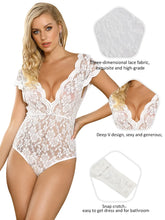 Load image into Gallery viewer, Women Oversized Floral Leotard Bodysuits Deep V Teddy Pajamas Sexy White Rompers Lace Crotchless Lingerie See Through Jumpsuits
