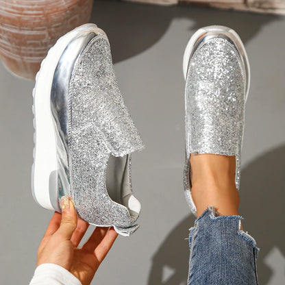 Fashion Glitter Platform Sneakers Women Casual Thick Bottom Slip On Walking Shoes Woman Anti Slip Silver Sports Shoes Plus Size