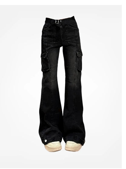 High Street Office Lady Black Flare Jeans Slim Bell Bottoms Gyaru Fashion Denim Trousers