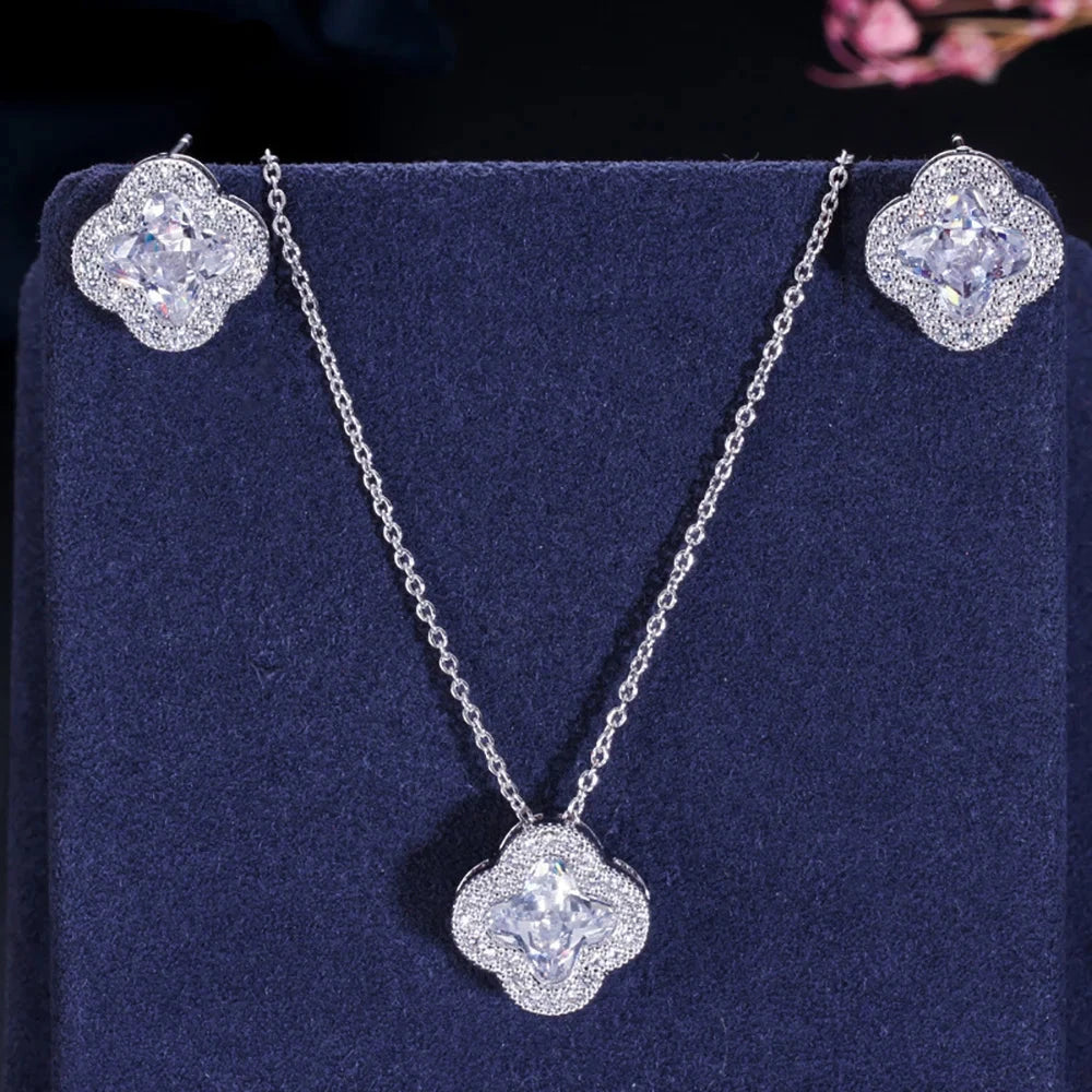 Lucky Four Leaf Grass Cubic Zirconia Pendant Necklaces and Earrings Sets for Women Wedding Party