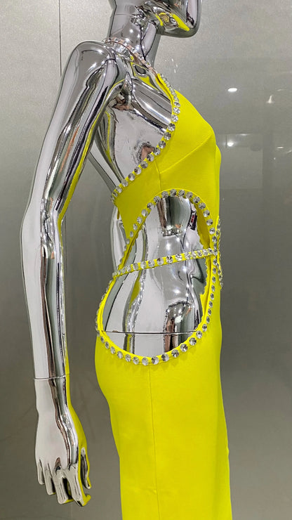 Yellow Color Women Sexy Off the Shoulder Shinning Crystal Bodycon Bandage Long Dress - Shop & Buy