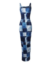 Load image into Gallery viewer, Women New Dress Denim Look Print U-Neck Maxi Dress
