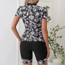 Load image into Gallery viewer, Rash Guard Women Swimsuit Black Leaves Print Front Zipper Long Sleeve Swimwear
