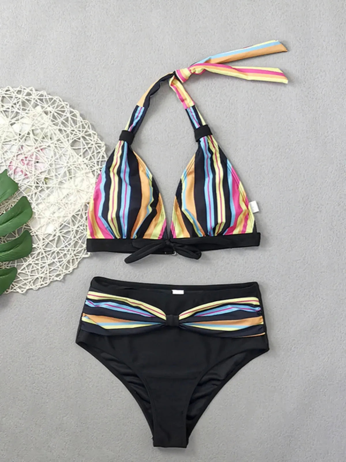 Women's Sexy Colorful Striped Printed Bikini High Waist V-neck Triangle Bra Halter Backless 2-piece Swimsuit - Shop & Buy