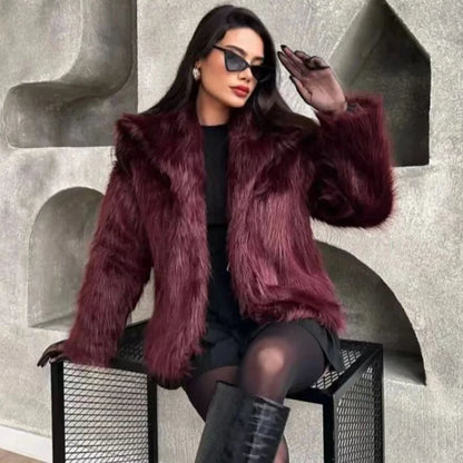 Women's Fur Coat Women Plush Burgundy Bomber Jacket Solid Crop Long Sleeve Jacket Warm Winter Coats