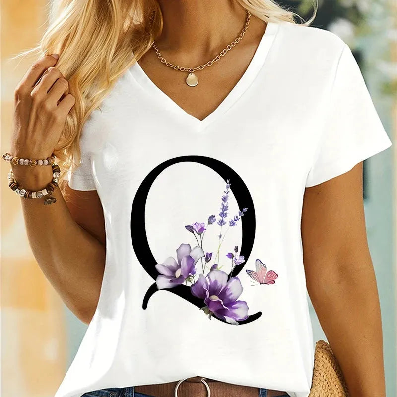 Women's Clothing A-Z 26 Alphabet Flower Premium Summer T-shirt - Shop & Buy