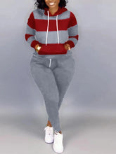 Load image into Gallery viewer, Plus Size Striped Drawstring Tracksuit Set Autumn Women Hoodie Pants Set
