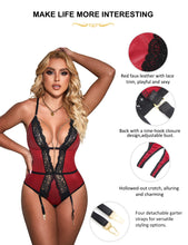 Load image into Gallery viewer, Lace Suspenders Women Hollow Out One Pieces Overalls Burgundy Faux Leather Deep V Neck Halter Teddy Bodysuit Large Sexy Jumpsuit
