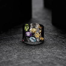 Load image into Gallery viewer, Natural Multicolor Gemstones Ring 925 Sterling Silver Handmade Humming Bee Flower Floral Garden Band Ring For Women
