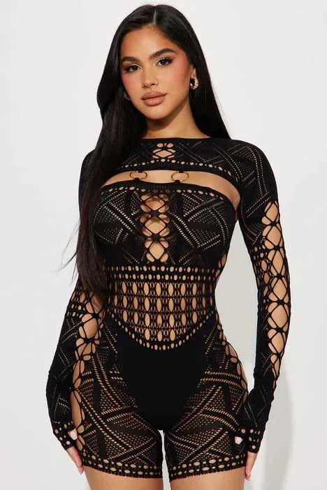 Women's Sexy Sheer Mesh Hollow Out Night Club Short Jumpsuit Rompers Long Sleeve Skinny Shorts Bodysuit One Piece Romper - Shop & Buy