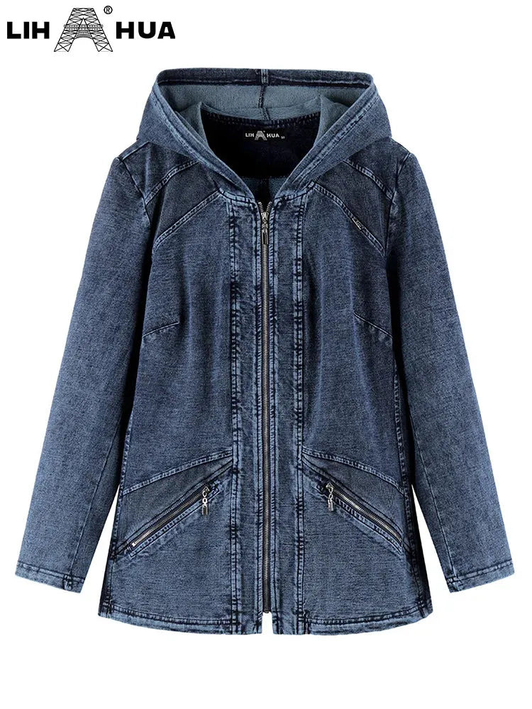 Women's Plus Size Hooded Denim Jacket Fall Stretch Cotton Knit Long Sleeve Casual Jacket - Shop & Buy