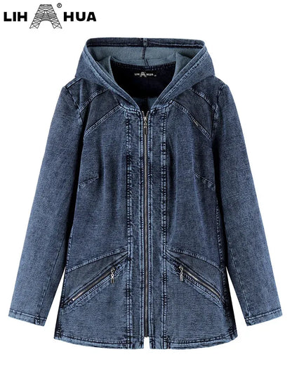 Women's Plus Size Hooded Denim Jacket Fall Stretch Cotton Knit Long Sleeve Casual Jacket - Shop & Buy