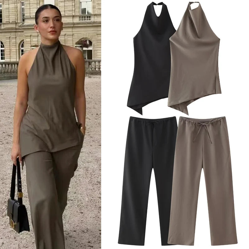 Sets For Women 2 Pieces Satin Pant Sets New Matching Sets Autumn Asymmetric Crop Halter Top Lace-Up High Waist Trousers Set