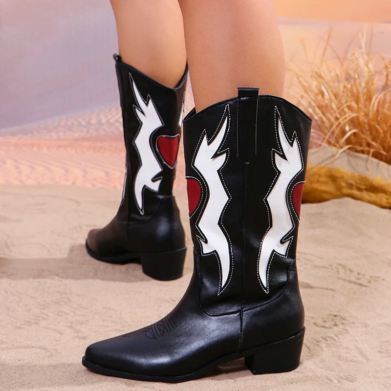 Women's Fashion Chunky Heeled Cowgial Boots Plus Size Slip On Mid Calf Boots - Shop & Buy