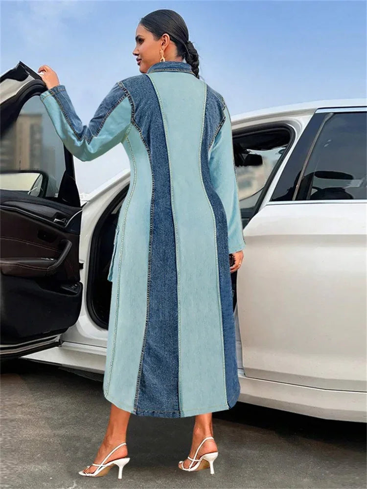 Plus Size Denim Dresses Women Long Sleeve Casual Button Pockets Striped Maxi Dress Fall Clothes