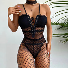 Load image into Gallery viewer, Sheer Hollow Out Sexy Bodysuits Lace Up Cross Bandage Design Lingerie Transparent Mesh Lace Erotic Nightwear
