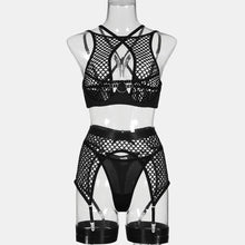 Load image into Gallery viewer, New Lingerie Sets Fishing Net Splicing Mesh Hanging Neck And Back Erotic Four-piece Set
